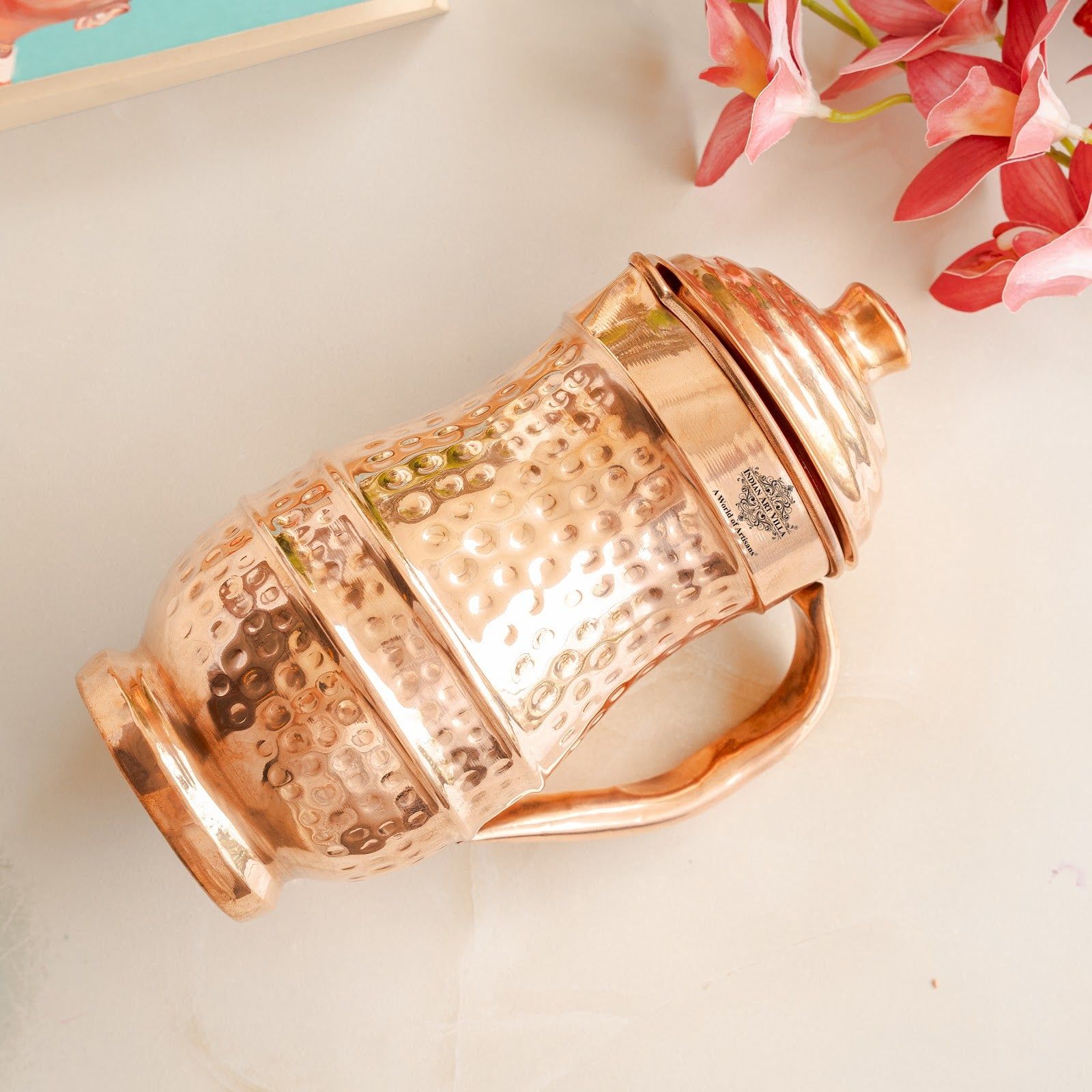 Pure copper hammered maharaja style jug with lid hammered, 1280 ML